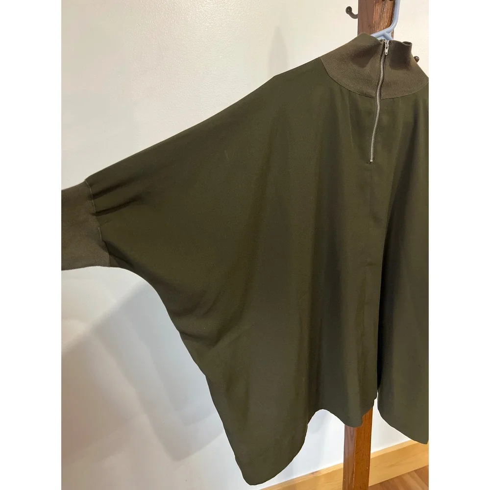 Babaton Olive Green Mock Neck Poncho Capelet Top Ribbed Trim Back Zip Workwear M